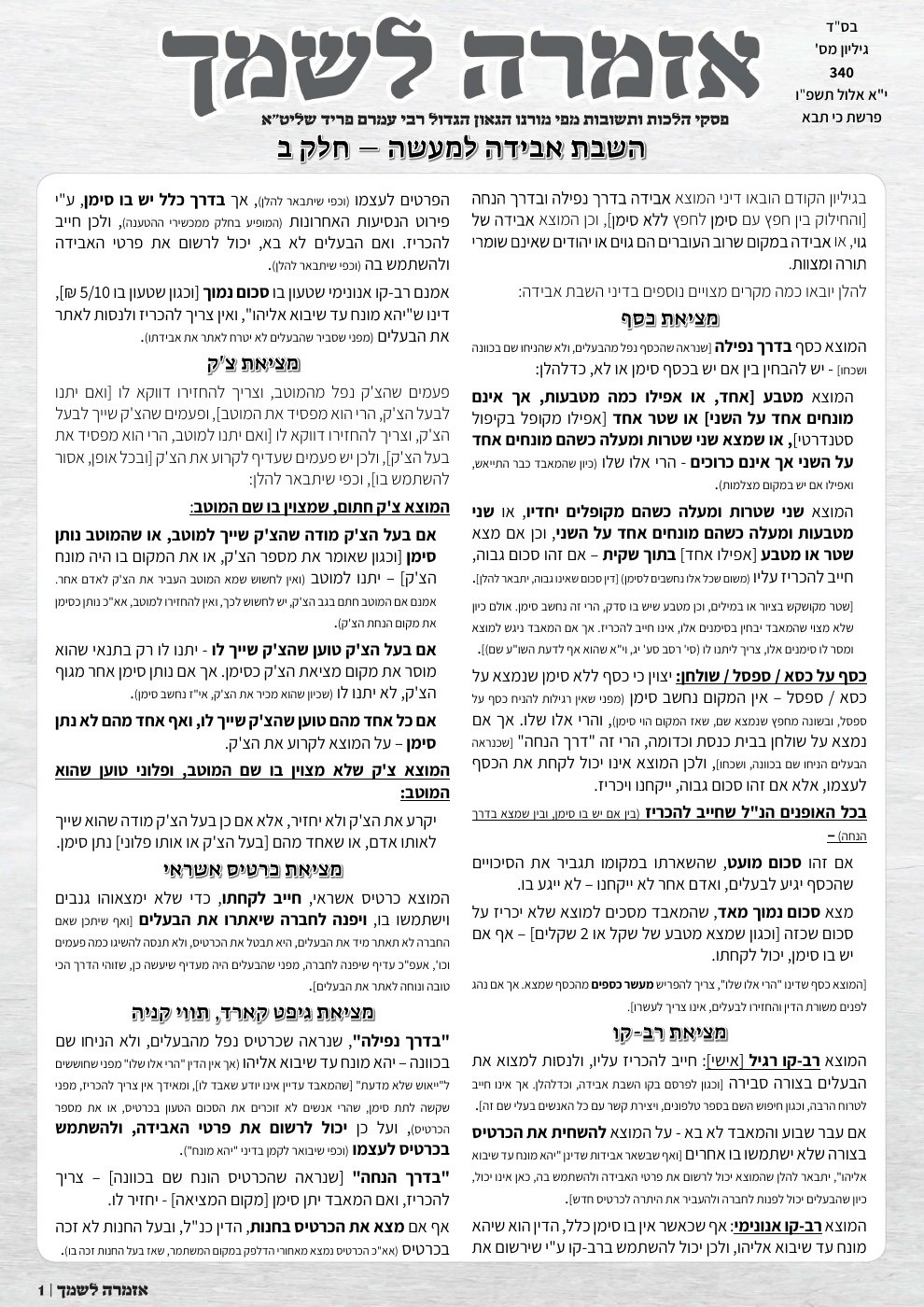 שער אזמרה לשמך — הלכות השבת אבידה למעשה – חלק ב'
