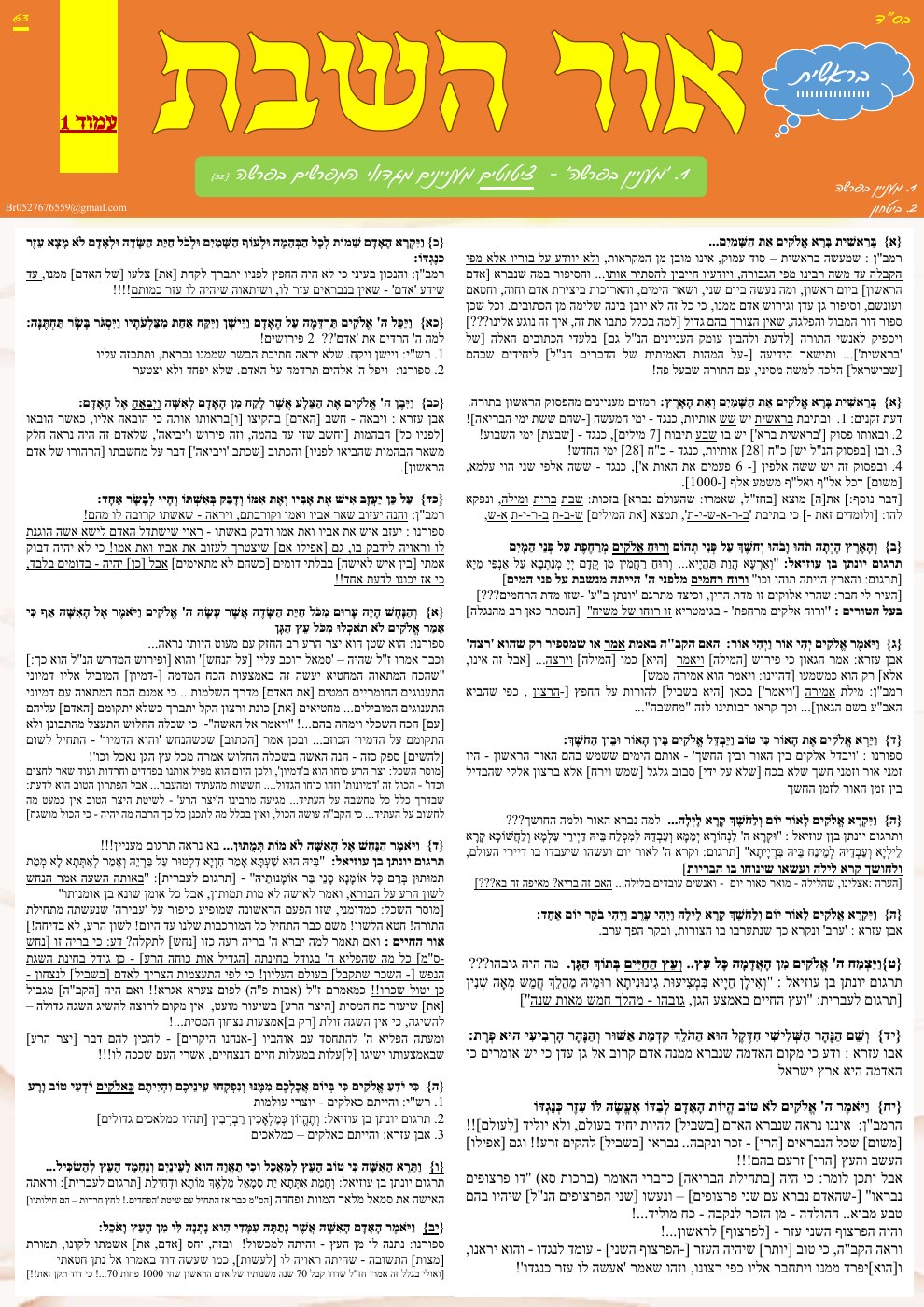 העמוד הראשון של אור השבת