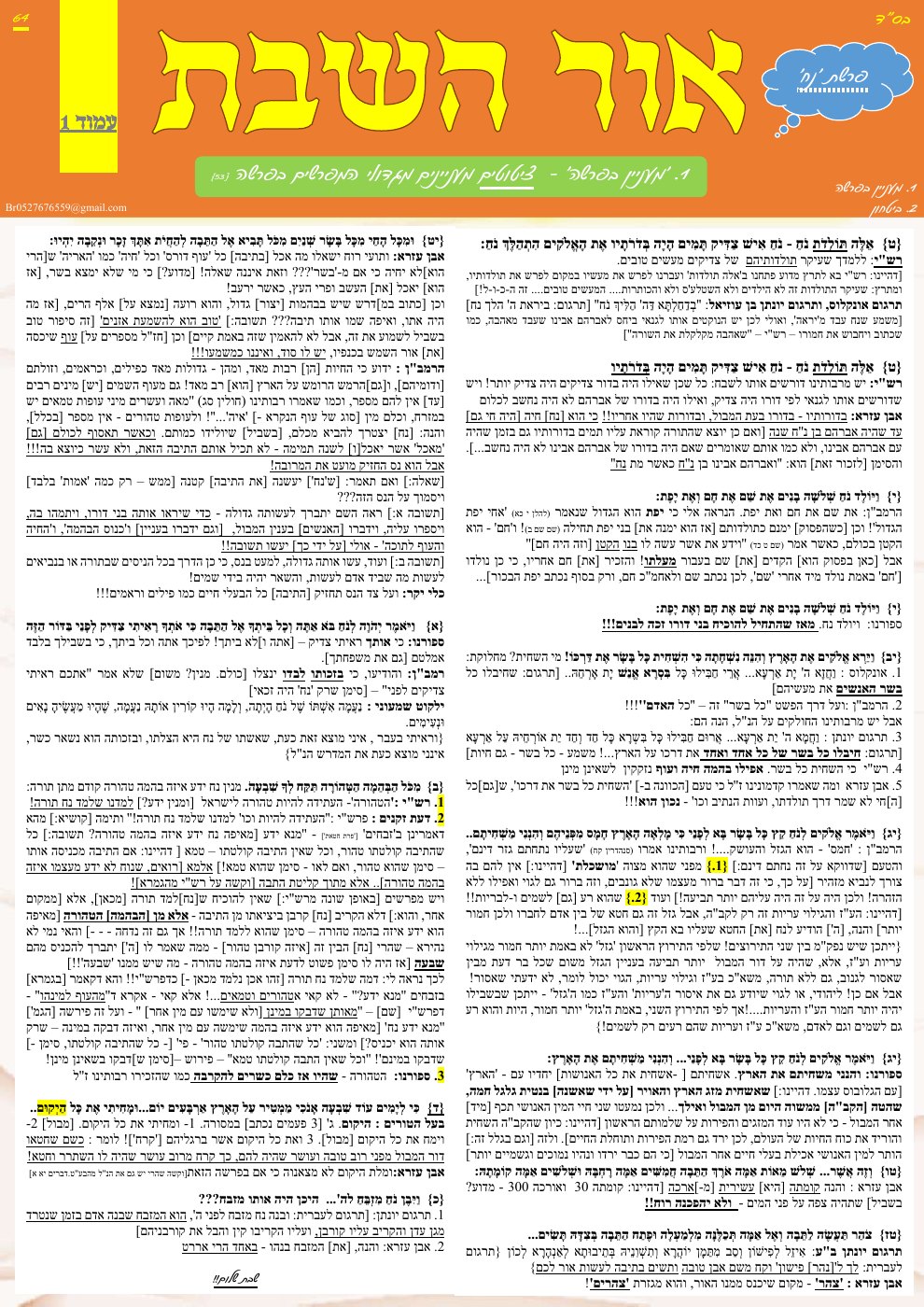 העמוד הראשון של אור השבת